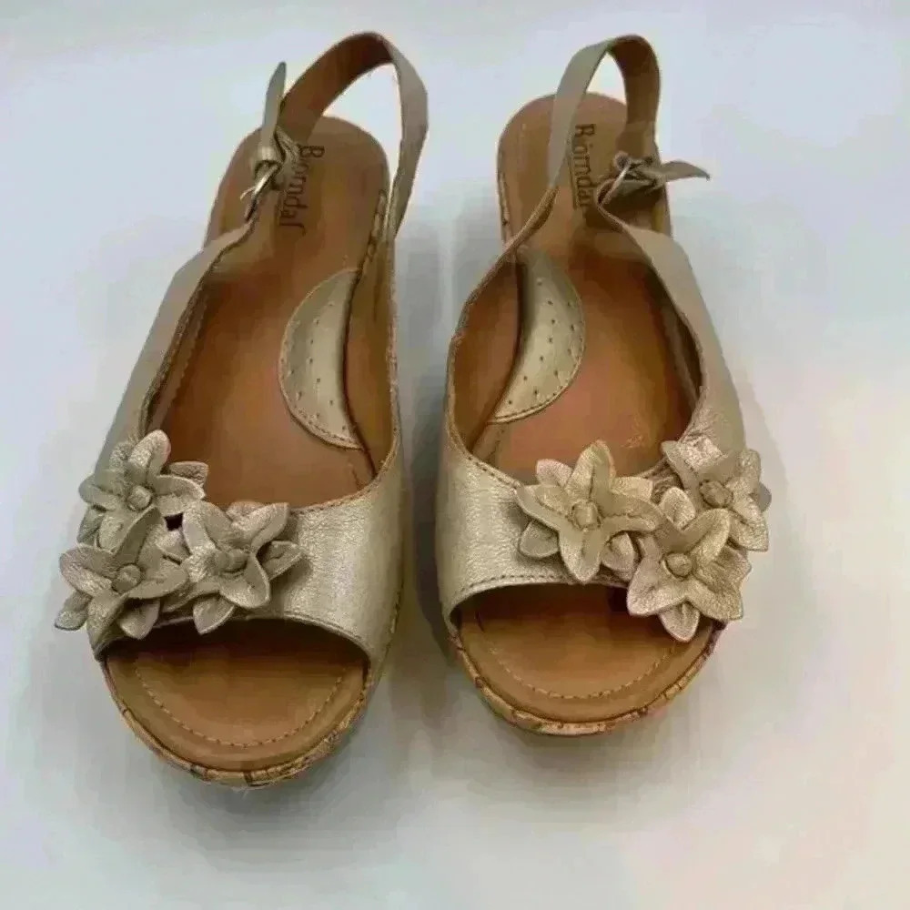 BJORNDAL Daphne Gold Open Toe Wedge Sandal. Leather Upper.